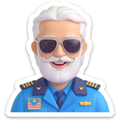 middle-aged male pilot with silver hair, beard, fair skin, smiling, wearing sunglasses sticker