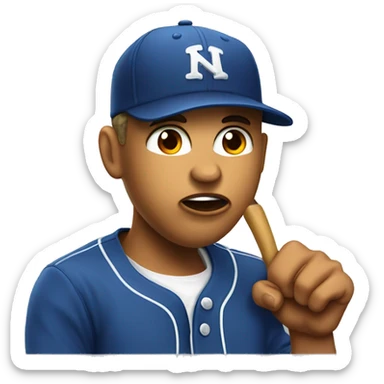 Huge with backwards baseball hat biting lip and pointing to his cheeck sticker