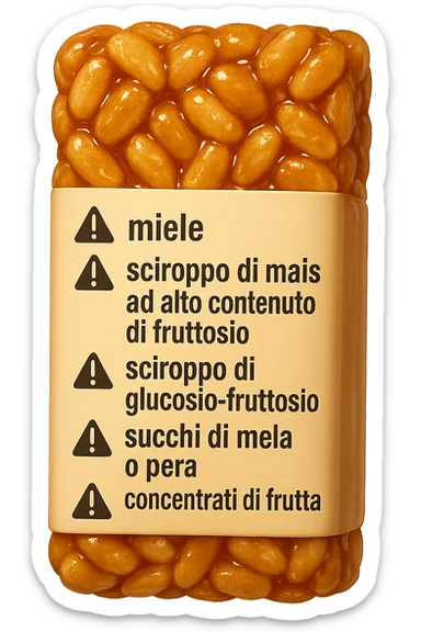 SU QUESTO STILE FAI UN EMOJI STILE IPHONE 3D DI UNa barretta ai cereali con ETICHETTA CON GLI INGREDIENTI SCRITTI, "miele, sciroppo di mais ad alto contenuto di fruttosio, sciroppo di glucosio-fruttosio, succhi di mela o pera,
concentrati di frutta" accanto ad ogni nome scritto mettici un segnale di allarme, FALLO MOLTO REALISTICO IN 3D sticker