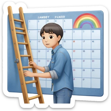 Hair: Bowl-cut with uneven trimming at ears Face: Round cheeks flushed from ladder climbing Clothes: Oversized denim shirt rolled to elbows Action: Placing rainbow notes on glass wall planner sticker