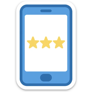 Smartphone icon, flat emoji style, outline with blue and turquoise colors, screen showing three gold/yellow stars aligned in a horizontal row, white background sticker