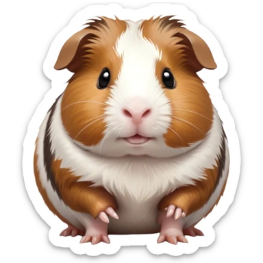 Cinematic Cute Brown and White Banded Guinea Pig Portrait Emoji, Head tilted playfully and inquisitively, showcasing a fluffy coat with playful brown and white banded patterns, round, sparkling dark eyes filled with curiosity, Simplified yet irresistibly adorable features, highly detailed, glowing with a warm, friendly glow, high shine, affectionate and spirited, stylized with a touch of whimsy, bright and endearing, soft glowing outline, capturing the essence of a mischievous yet loving guinea pig, so playful it feels like it could dash out of the screen and into your arms! sticker