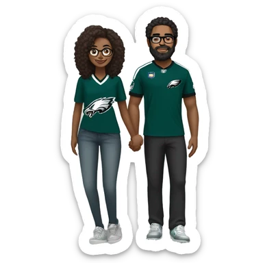 Brown guy with beard mustache and brown girl with glasses and her hair in a bun in Philadelphia eagles clothes holding hands sticker