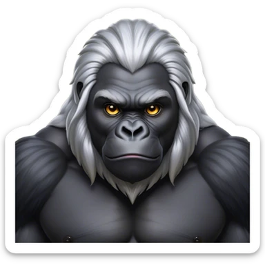 Cinematic Noble mountain Gorilla Portrait Emoji, Poised and majestic, with a powerful, muscular frame accentuated by a distinguished silver mane and piercing, wise eyes, Simplified yet sharp and sophisticated features, highly detailed, glowing with a soft, regal jungle glow, high shine, intelligent and commanding, stylized with an air of imperial strength, focused and resolute, soft glowing outline, capturing the essence of a watchful guardian that feels as though it could step out of the screen with effortless authority! sticker