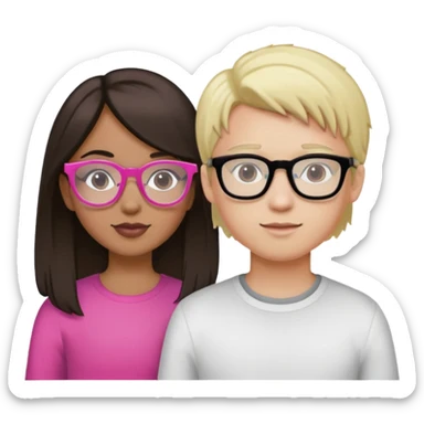 Girl with Dark Brown Hair, Pink glasses, And a mixed skin tone. Boy with white skin tone, Blonde Hair and black glasses  sticker
