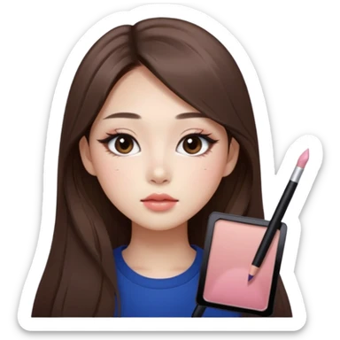 “korean straight long brown hair Emoji girl, soft eyeliner and blush, gradient lips, light brown shimmer eyeshadow sticker