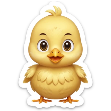 Cute baby chick named Lex, smiling with big shiny eyes, soft yellow feathers, round head, very adorable emoji style sticker