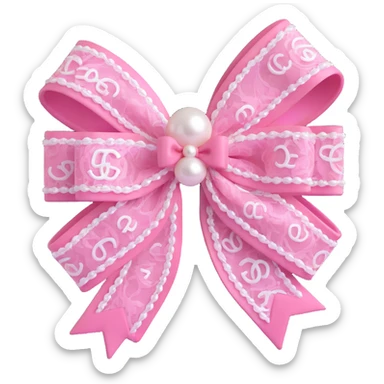 Change the double-layered lace bow to pink, keep pearls and white Chanel logo, elegant, glossy, black and white, 3D emoji style, with no background sticker