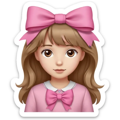 girl, fair skin, long wavy hair with straight bangs, light brown eyes and pink clothing, with a bow on her head sticker