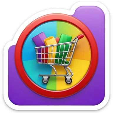 Create a round sticker with a dark black background inside the circle, dynamic edges that smoothly transition step-by-step from green to yellow to red to purple, a small shopping cart icon in the center, the title text ‘New stock soon’, where the word ‘soon’ is blinking in bright blue color.” sticker