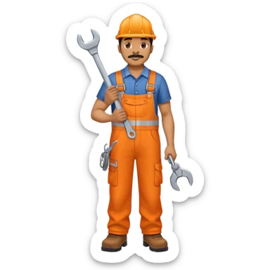 Indian male railway engineer orange overalls, boots holding a spanner sticker