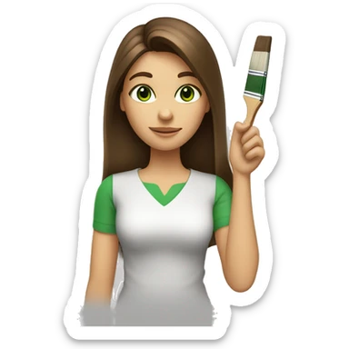 Face of a woman with long brown hair and side bang. She is holding a paintbrush in her hand.Green eyes. sticker