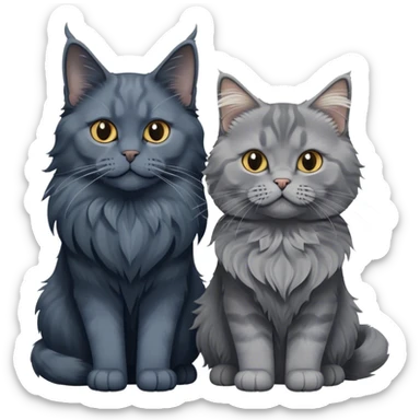 Portrait of a black smoke Maine Coon cat with long grey ear tufts, alongside a British Shorthair cat with a solid blue coat. Both cats with detailed fur textures and playful expressions. Soft, elegant background with warm, natural tones. Transparent background. sticker