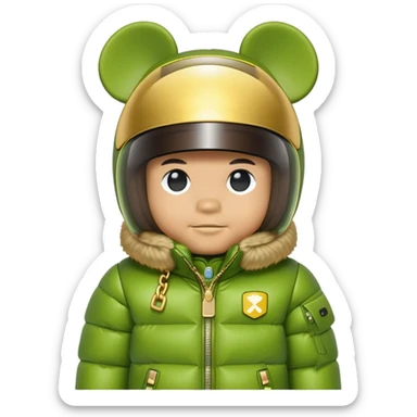 bearbrick with lime balaclava and logo tags, wearing large mirrored monolens ski visor shield covering entire upper face like sports goggles, puffy jacket with fur trim, gold chains sticker