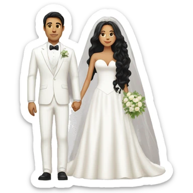 Thick bride with long hair and tan groom with white suit and black hair sticker