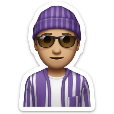 White guy, Brown hair in a side part style, with white and blue striped pajamas with pajama hat wearing sunglasses Holding an eggplant sticker