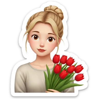 A girl with a messy bun, holding a bunch of tulips. sticker