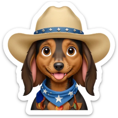 mostly black with some brown long hair daschund with a cowboy hat, ears curl out a bit and bandana and tongue slightly out sticker