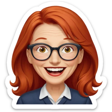 obese; older 50's ; long red hair ; women hazel eyes; glasses ; laughing sticker