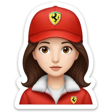 a brunette girl with medium length slightly wavy hair and white skin and brown eyes wearing an f1 ferrari cap sticker