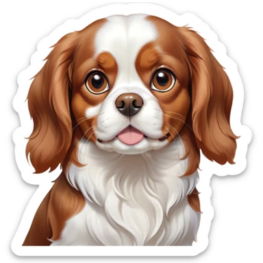 Cinematic Cute Blenheim Cavalier King Charles Spaniel Portrait Emoji, Head tilted playfully and inquisitively, silky Blenheim coat with warm chestnut and crisp white patches, round, sparkling brown eyes filled with curiosity, Simplified yet irresistibly adorable features, highly detailed, glowing with a warm, friendly glow, high shine, affectionate and lively, stylized with a touch of whimsy, bright and endearing, soft glowing outline, capturing the essence of a mischievous yet loving pup, so playful it feels like it could pounce out of the screen and into your arms! sticker