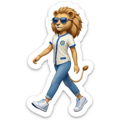 friendly anthropomorphised female lion wearing a baseball shirt, jeans, trainers, dark sunglasses, walking upright with a confident stride sticker