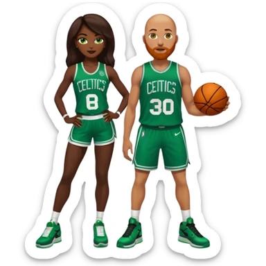 48-year-old dark skin black woman with brown eyes, long dark brown hair dressed in sexy 
celtics jersey costume outfit & stilettos. A bald white man with ginger beard. he has blue/green  eyes, wearing a Jason Tatum Boston Celtics Jersey, green Nike sneakers  sticker