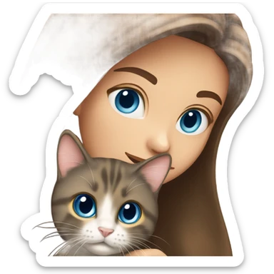 Long haired brunette blue eyed girl holding a long haired tortishell cat sticker