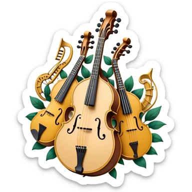 Design a sophisticated and festive emblem-like emoji representing plucked and stringed instruments. The layout should resemble a heraldic crest, featuring iconic instruments like a banjo, mandolin, domra, and sitar, artistically arranged in an elegant and symmetrical way. The necks of the instruments should be intertwined with a flowing ribbon of musical notes, winding around the strings and fretboards. The design should be detailed, showcasing the intricate carvings on the instruments, visible strings, and fret markers. Use a rich color palette with deep golds, browns, and vibrant accents to evoke a sense of luxury and celebration. The musical notes should appear to float around the instruments, connecting them in a graceful, dynamic way. Include ornate flourishes or decorative elements like laurels, swirls, or subtle engravings to give the image a professional, emblematic appearance. The background should be transparent. sticker