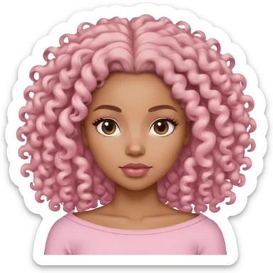 Mulher negra, mostrada do ombro pra cima usando uma roupa rosa claro com cabelo cacheado e volumoso  sticker