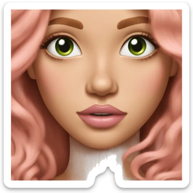 Dark strawberry blonde girl tan skin pink sweater pink makeup green eyes gold earrings pink nails wavy long hair sticker