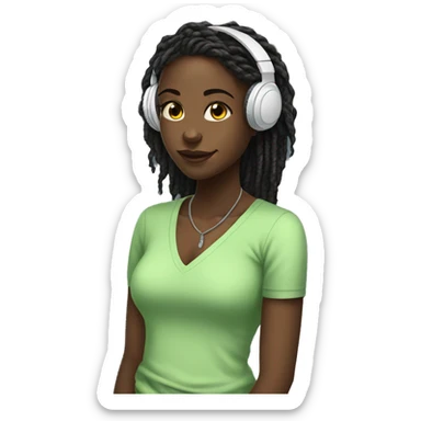 African girl. Black long twists. Wearing white headphones. Listening to music. Wearing a light green v neck top. sticker