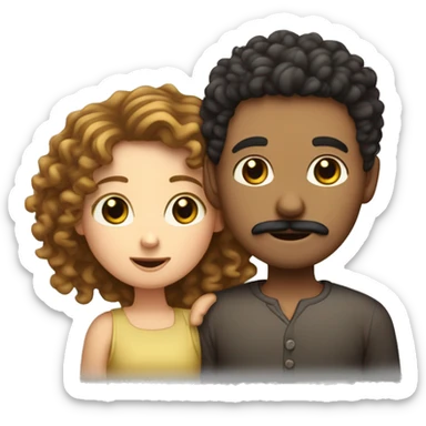 Curly hair white boy with a mustache and goatee hugging a girl with straight clack hair and a slightly darker skin color than him and a heart in the emoji sticker