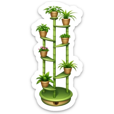 Very Large alien-futuristic multi-tier multi-level curved spiral step plant rack, which holds twenty-five plants, constructed from 7/8ths of an inch thin vining bamboo poles  sticker