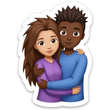 A girl with long brown hair and light skin, is hugging a boy in a little dark skin with front spike hair sticker