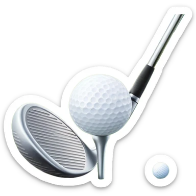 A close-up golf ball on a tee, with a golf club placed beside it, set on a well-manicured green. The background is a peaceful golf course with a clear blue sky, emphasizing the tranquility and skill required for the sport. sticker