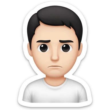 A sick man wearing a white t-shirt with a big black M  sticker