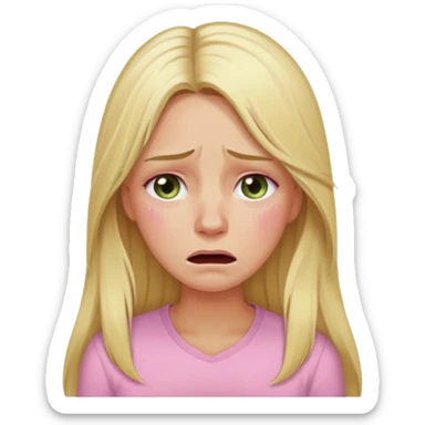 blonde with long hair and swamp-colored eyes, wearing a pastel pink shirt, crying, iOS Apple emoji style sticker