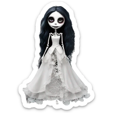 full height skeleton, tim burton "corpse bride", thin porcelain doll with a cracked face, goth makeup watery eyes, long hair, lace and ruffles, lolita style, inked, black and white, red roses, gothic castle with roses sticker