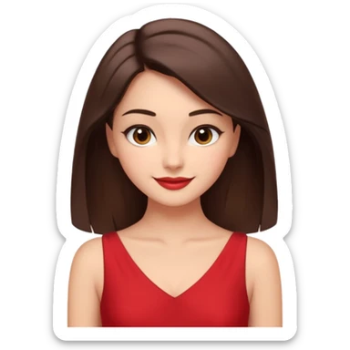 Cartoon emoji of a young brunette woman with fair-medium skin, brown eyes, wearing a red outfit. Full-height, standing confidently in a red dress  posing sexy with a smile and relaxed posture. Smooth, friendly, stylized, make up on, flirty eyes and smile in a sexy position touching hair sticker