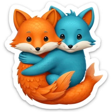 One orange fish and one teal blue fox, that are hugging or cuddling each other sticker