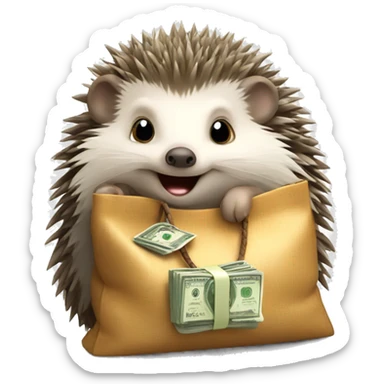A cute hedgehog is sitting with a bag of money sticker