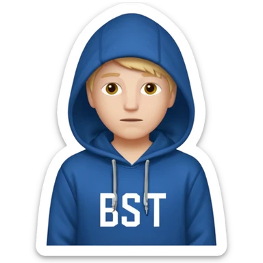 make an image of white person wearing hoodie with "BST" letters on it sticker