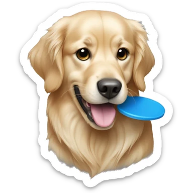 Golden retriever dog holding blue frisbee in mouth sticker