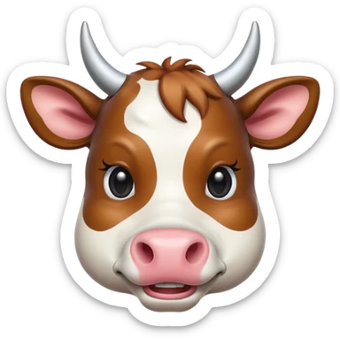 Create a cow face emoji that looks exactly like the reference image, in iOS emoji style. The emoji should have 3D appearance, shiny surface, smooth gradients, soft shadows, a friendly expression, black and white markings, and horns. Add a glossy effect to the nose. sticker