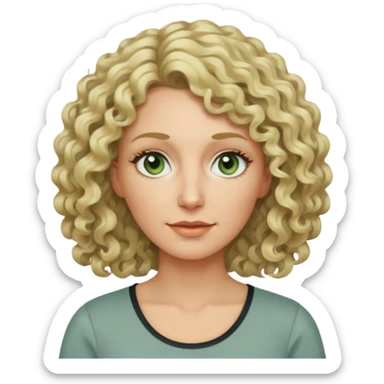 a woman in her late 40s and has greyish greenish eyes and blonde curly hair wearing a grafic top# sticker