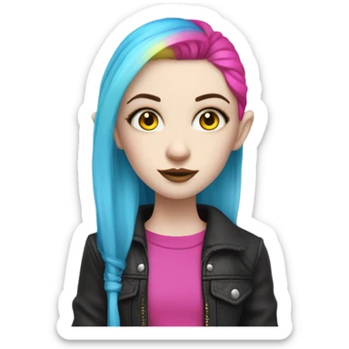 Blue eyed long eye lashes pale hime gyaru girl, hot pink and yellow split-dyed hair, nose ring, elf ears, dark makeup, punk clothes sticker