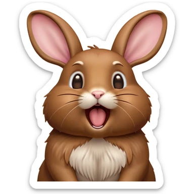Cinematic Cute Yawning Brown Rabbit Portrait Emoji, Head tilted slightly with a dramatic, wide-open yawn, showcasing a smooth, rich brown fur with floppy ears, round brown eyes barely open in drowsy contentment, Simplified yet irresistibly adorable features, highly detailed, glowing with a soft, cozy glow, high shine, relaxed yet expressive, stylized with a touch of whimsy, bright and endearing, soft glowing outline, capturing the essence of a sleepy yet affectionate bunny, so drowsy it feels like it could stretch out of the screen and curl up for a nap! sticker