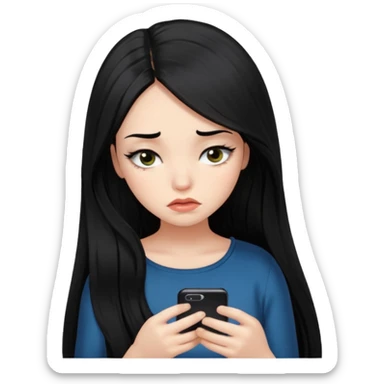 a girl with silk long black hair having fomo looking at her phone sad , she has long lashes  sticker