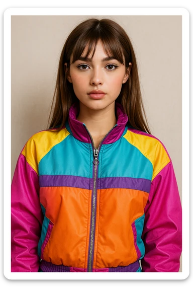 stylish girl, light fair skin, straight long light brown hair with curtain bangs, dark brown almond eyes, in a colorful Y2K jacket, detailed, trendy, realistic portrait sticker
